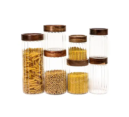 Acacia wood lid stripped storage jar airtight